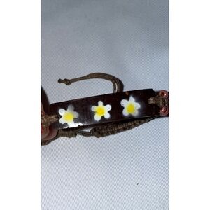 Handmade Floral Plumeria Wood Bar Adjustable Cord Bracelet‎ Brown Boho Tropical